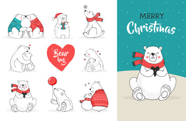 Merry Christmas greetings with bears. Hand drawn polar bear, cute bear set, mother and baby bears, couple of bears - obrazy, fototapety, plakaty