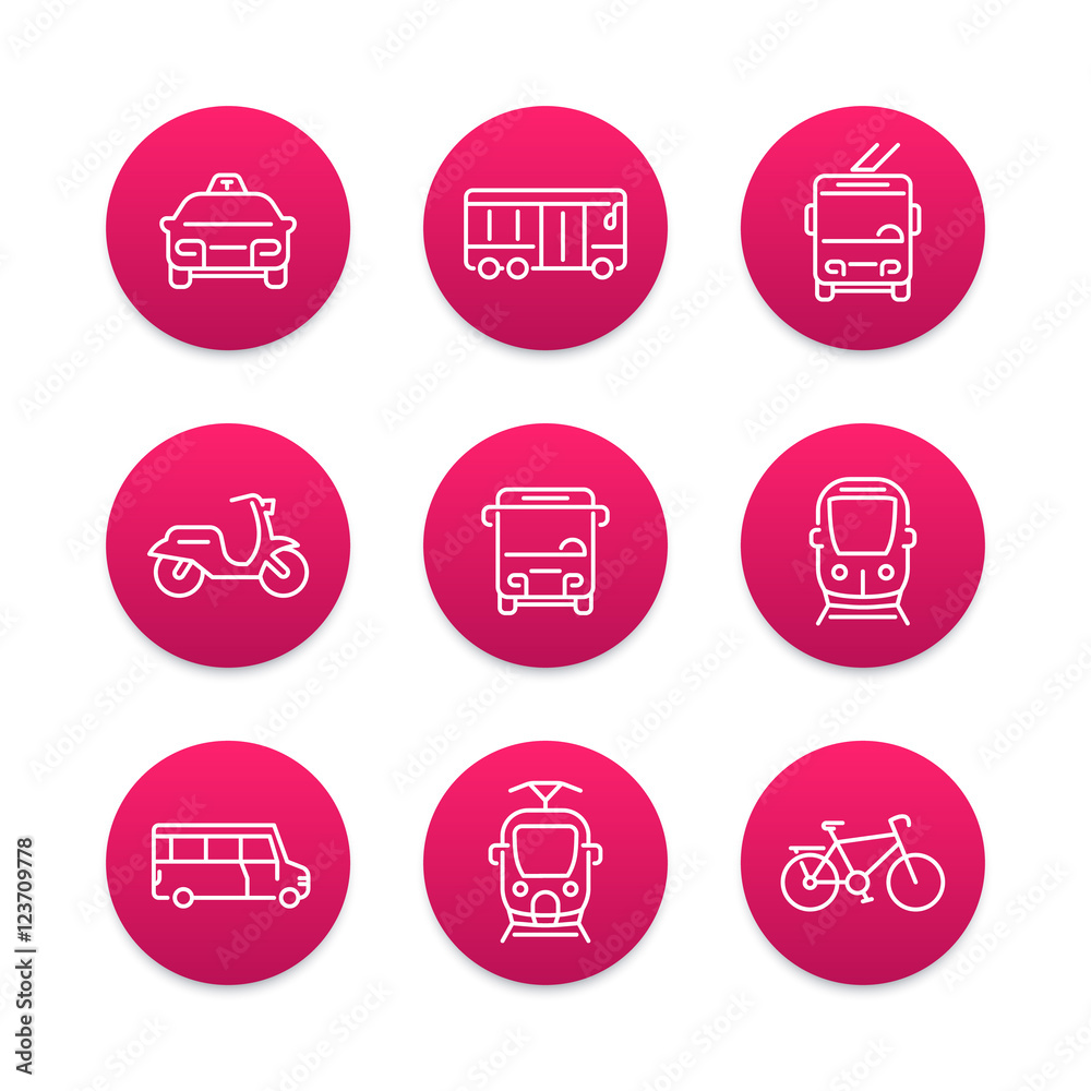 Canvas Prints City transport, transit van, train, bus, taxi, line icons set, vector illustration