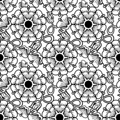 Beautiful seamless floral pattern. Abstract flowers silhouettes.Line art design for coloring book for adult, anti stress coloring. Vector clip art.