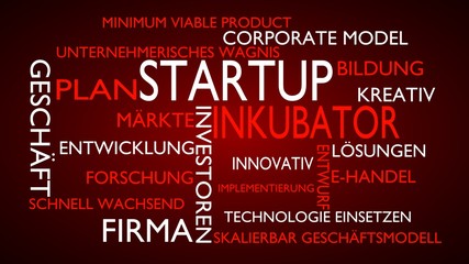 Startup, incubator word tag cloud - red, German variant, 3D rendering