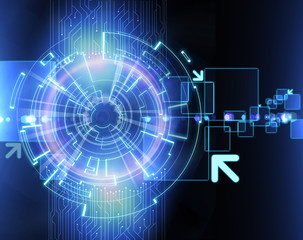 Hi-tech digital technology wheel on a blue abstract background