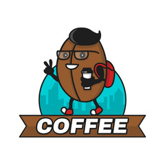 Hipster coffee bean with coffee paper cup walking. Modern logo design. Flat line vector character illustration isolated on white background. Badge for coffee street shop