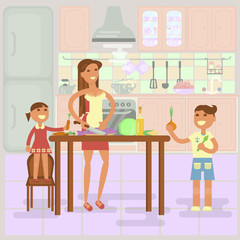 Happy family concept. Mother with kids making dinner. Boy and girl help adults to cook healthy food on kitchen interior background. Vector illustration eps