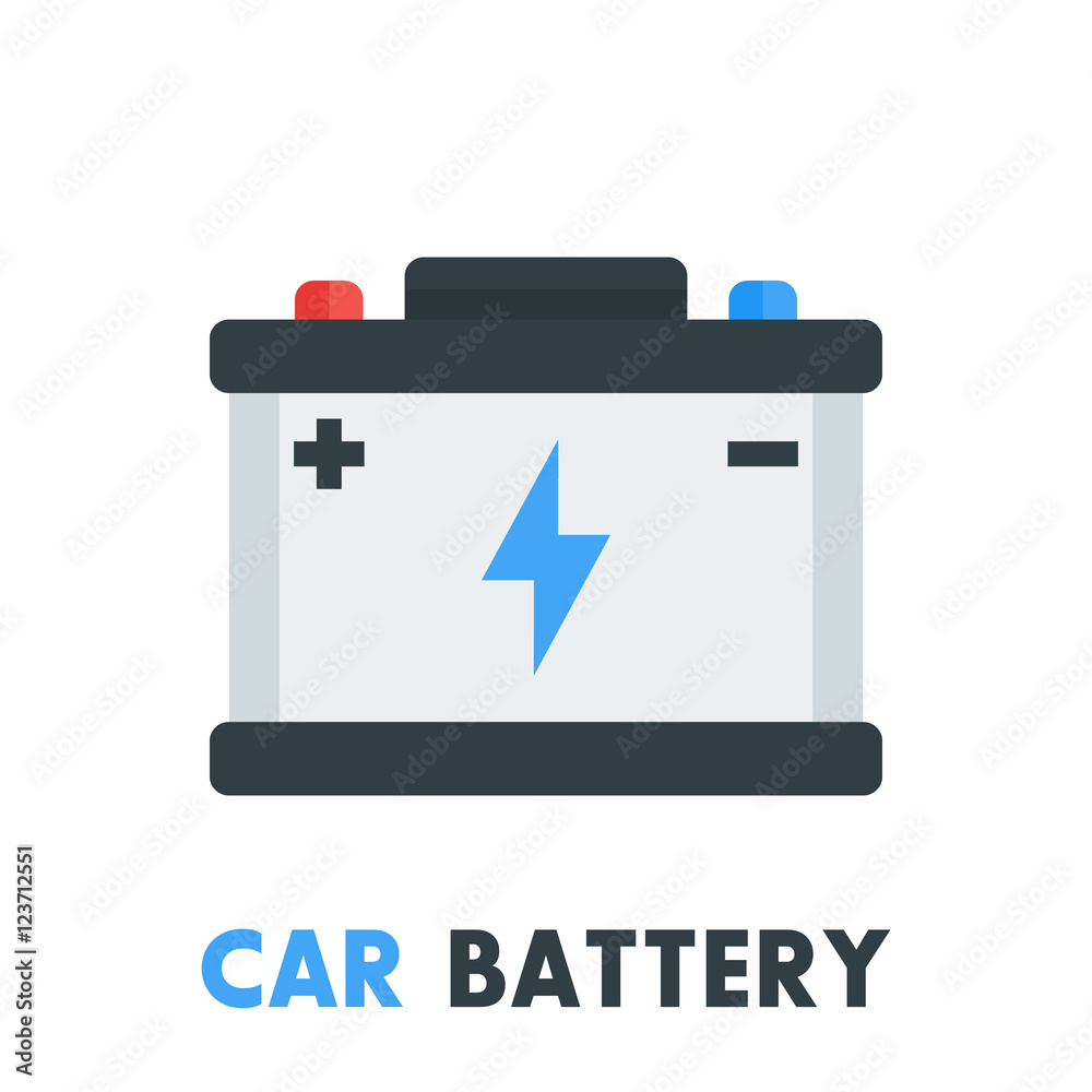 Sticker car battery icon in flat style on white, vector illustration