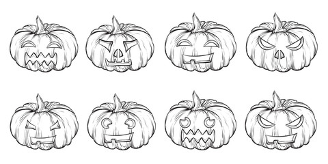Set of Halloween hand drawn vintage pumpkins.Collection of face on pumpkins for Halloween. greeting card with cartoon pumpkin. Decorations doodle vector