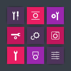 settings, configuration, development, installation icons set, gears, instruments