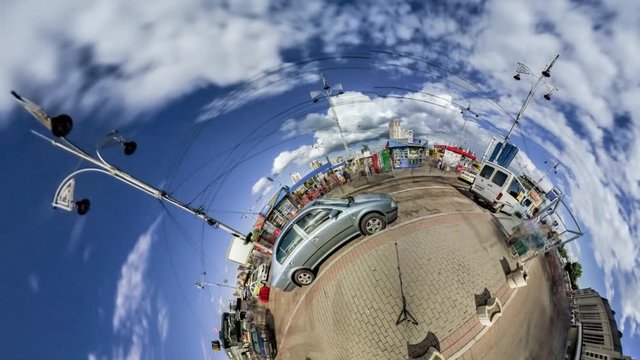 Little Tiny Planet 360 Degree Northern Railway Station Square at the Building Kiev Sights Cityscape People Are Walking Cars Are Driven Sunny Tourism in Ukraine