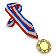 Golden medal with tricolor ribbon on white. 3D illustration