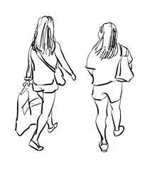 girl walking ink sketch isolated