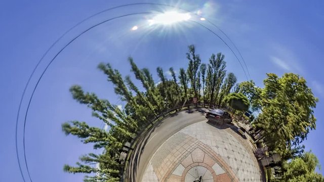 Little Tiny Planet 360 Degree Square Road Traffic at Volodymyr's Cathedral People Are Walking by Square Yellow Bus Sunny Kiev Sights Tourism in Ukraine