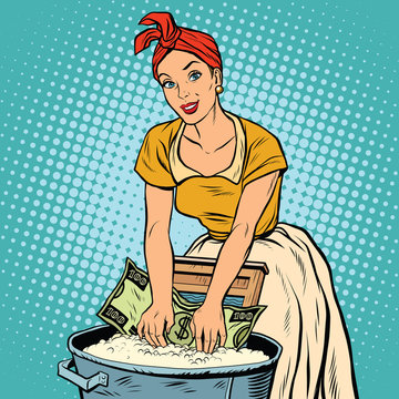 Money Laundering Business Concept, Retro Woman Washes The Dollar