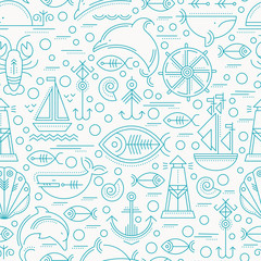 Materiał do szycia Vector seamless pattern with outlined seafaring and nautical signs.