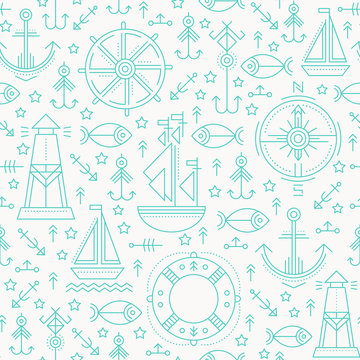 Vector seamless pattern with outlined seafaring and nautical signs