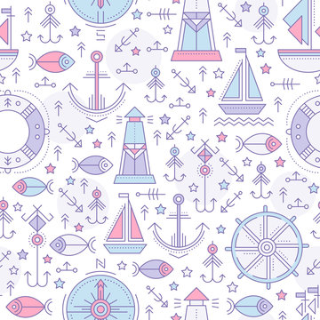 Vector seamless pattern with outlined seafaring and nautical signs
