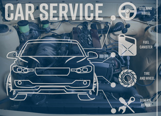 Obraz premium Interface of modern car diagnostic program on engine background. Car service concept.