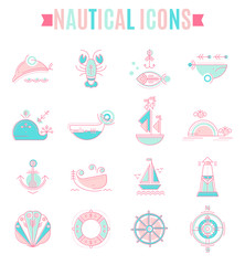 Nautical icon set, minimalistic flat design with thin strokes