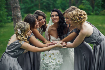 The tenderness bride with bridesmaids  in the park