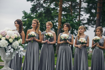 The charming bridesmaids stand  near brides - obrazy, fototapety, plakaty