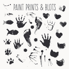Vector collection of paint prints - footsteps, pawprints, palms, shapes of hearts, cat fish, inkblots © lumitar