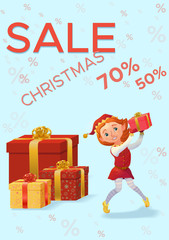 Christmas sale poster. Xmas sale concept with cartoon elf and gifts. Winter sale flyer. Vector illustration