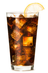 Cola coke in pint glass with ice and lemon garnish isolated on white background