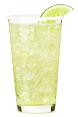 Tall tequila margarita alcoholic cocktail with salt on rim lime garnish isolated on white background - obrazy, fototapety, plakaty