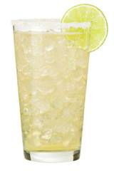 Tall double margarita cocktail with salt and lime garnish isolated on white background for use alone or as a design element