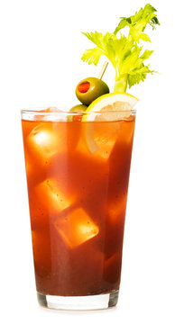Traditional Bloody Mary cocktail  with celery lemon and olive garnish isolated on white background