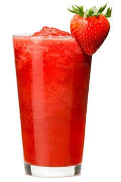 Strawberry daiquiri smoothy slushy with strawberry garnish isolated on white background