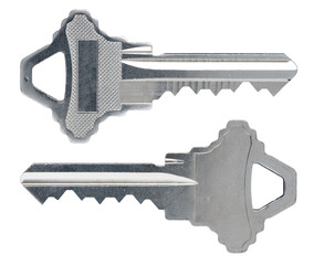 Two house keys front and back isolated on white background