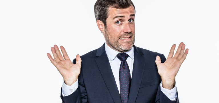 smiling careless bearded businessman refusing accusation, acting like an hypocrite