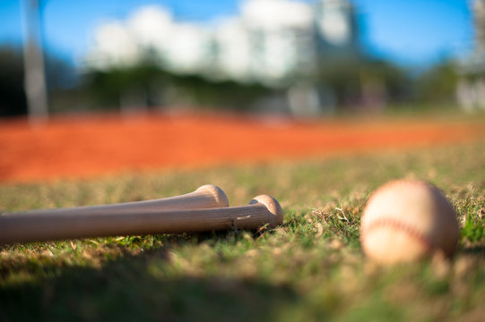Wooden bats and baseball on grass