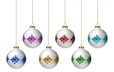 Snowflake design on white glass Christmas tree ornaments isolated on white background for use alone or as design element