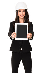 Businesswoman in hardhat with Digital Tablet isolated on white background