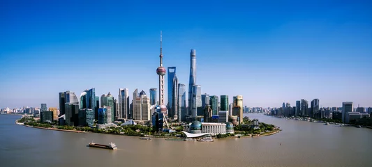 Foto auf Acrylglas Shanghai Shanghai Skyline Panoramablick in der Abenddämmerung, China