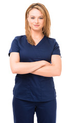 Fototapeta premium Youn woman doctor nurse therapist dental hygienist veterinary tech with arms crossed isolated on white background