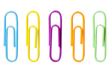 Multi - colored paperclips isolated on white background for use alone or as a design element