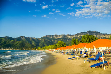 Obraz premium Psili Ammos beach, Thassos island, Greece. It is known as Golden beach. It is situated between Skala Panagia and Skala Potamia.