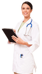 Young female doctor with Digital Tablet Computer isolated on white background