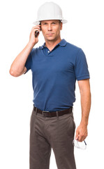Causal Businessman Architect Engineer with Mobile Phone isolated on white background