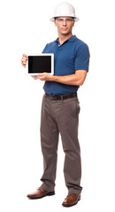 Obraz na płótnie Canvas Causal Businessman Architect Engineer in blue polo shirt Showing Digital Tablet isolated on white background