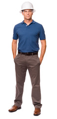 Engineer Architect  in blue polo shirt with Hands in Pockets isolated on white background