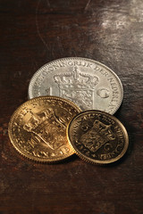 Niederländische Silber- und Goldmünzen auf rustikalem Holztisch