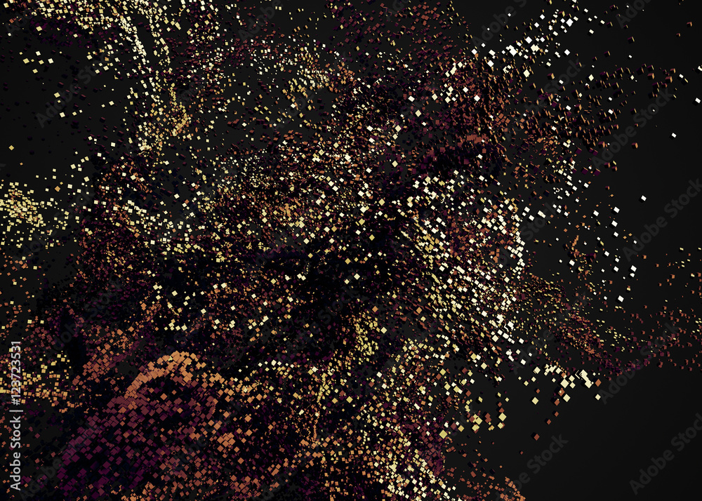 Poster abstract 3d rendering of chaotic particles. flying cubes in empty space. dynamic shape. futuristic b