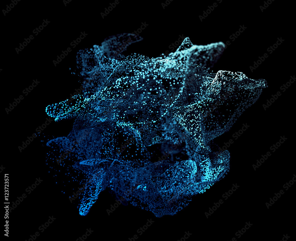 Poster abstract 3d rendering of chaotic particles. flying cubes in empty space. dynamic shape. futuristic b