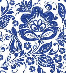 Vector blue glittering floral seamless pattern on white background