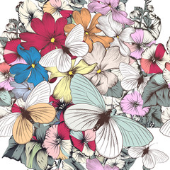 Fototapeta na wymiar Pattern with vintage flowers and butterflies for design