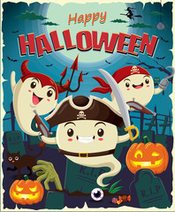 Vintage Halloween poster design with vector pirate & devil character.