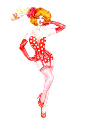  Fashion illustration, sexy cabaret dancer in lingerie red polka dot with flower and humming-bird, hand painted watercolor