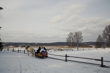 People on a carriage ride around the snowed field